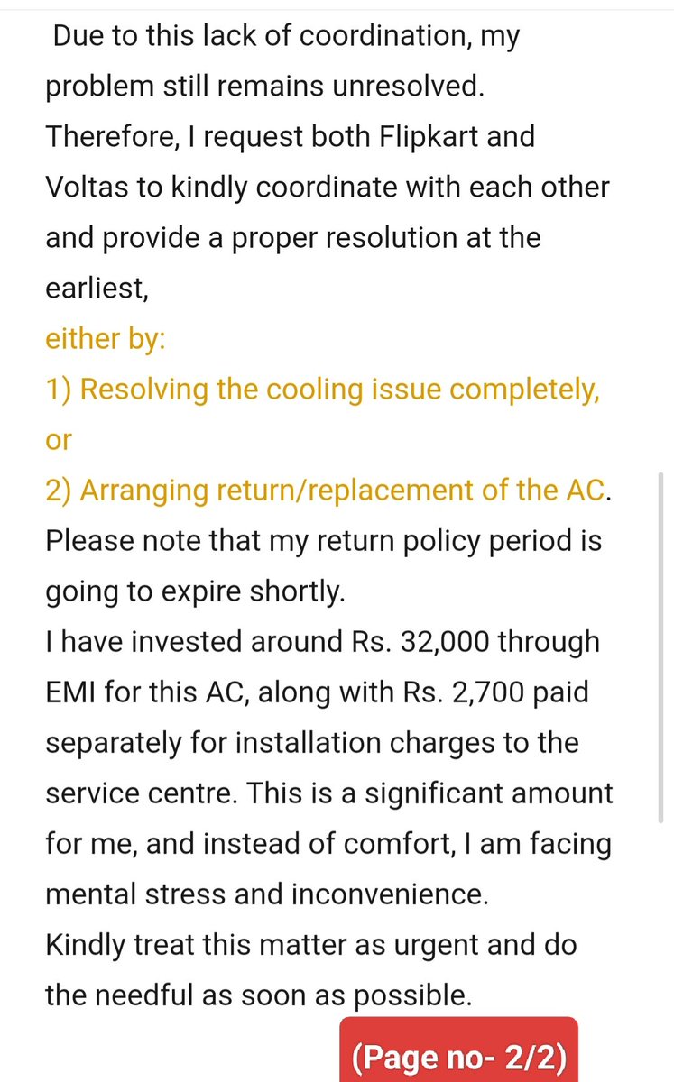 surajkrpuri's tweet photo. @flipkartsupport
@Flipkart @myvoltas AC is not cooling properly even at 16°C and is performing worse than a normal fan. Your service centre has not provided a satisfactory resolution. Pls arrange immediate inspection, repair/replacement,Return before the return policy expires. https://t.co/lfOPIUB6lr