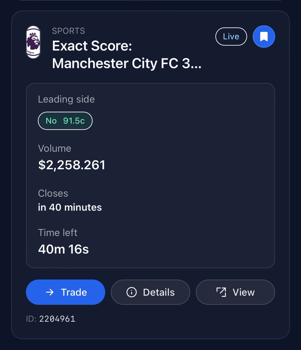 PolyPicks_'s tweet photo. SPORTS ⚽️ 

Exact Score: Manchester City FC 3 - 1 Crystal Palace FC?

No at 91.5c❌

⏳⏳41 mins left

Trade on PolyPicks

https://t.co/cED3ewc8NO https://t.co/7KnjnzmGbs