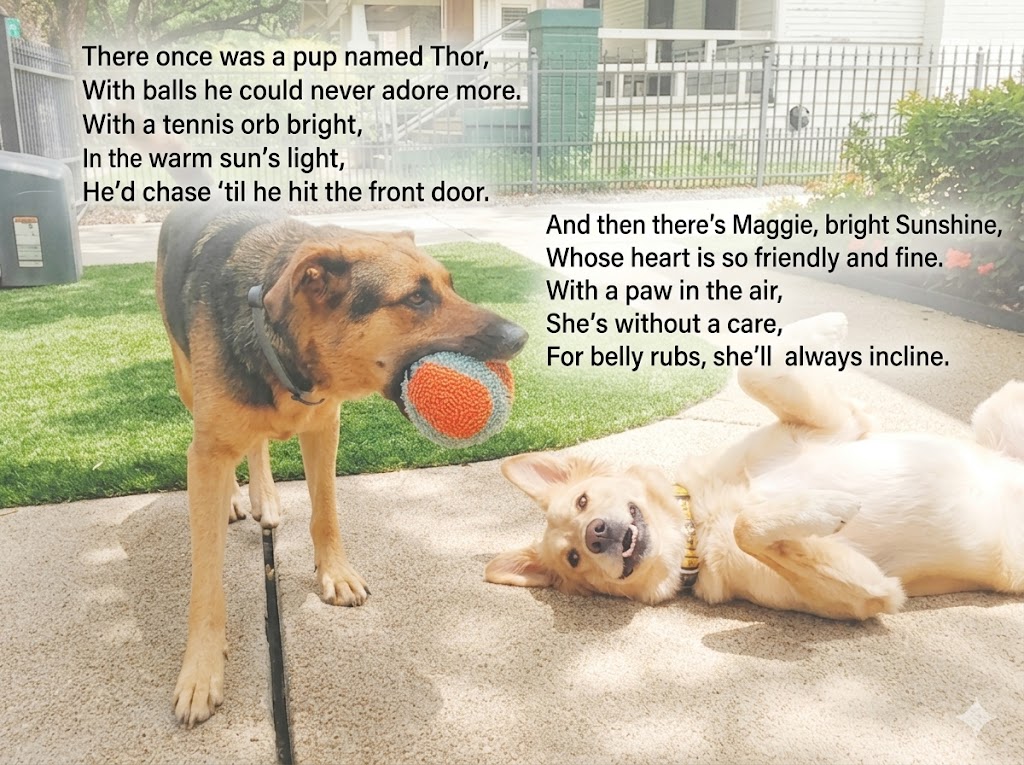 2pawsUp_HTX's tweet photo. There's a pup named Thor
With balls he always adores More
Witha tennis orb Bright
In the warm sun's Light
He'd chase 'til he hit the floor.
&amp; Maggie, bright Sunshine
Whose heart is so friendly &amp; fine
With a paw in the Air
She's without a Care
For Belly Rubs, she's always incline. https://t.co/L9JZpkBqLr
