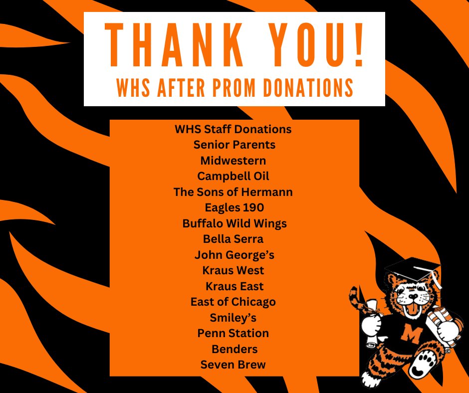 MassillonSchool's tweet photo. A big Tiger THANK YOU to the local businesses who donated to the WHS after prom party!🧡 https://t.co/Zq9WC7vgU3