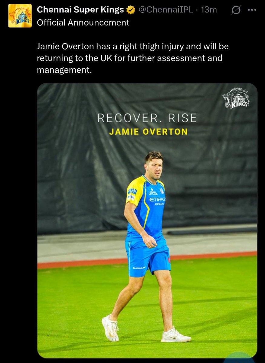 joy_deep_29's tweet photo. 🚨MASSIVE TROUBLE FOR CSK. 🚨

- Jamie Overton has thigh injury and has returned to the UK.

#jamieoverton
#csk
#chennaiipl
@ChennaiIPL 
#sanjusamson https://t.co/xaFrTkMwLC