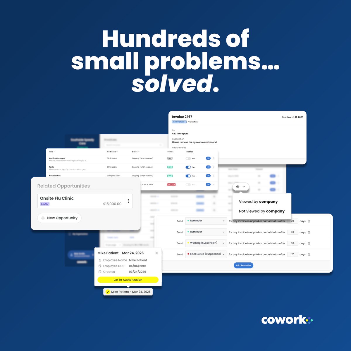 CoworkHealth's tweet photo. Great occupational medicine software isn’t built by solving one big problem.

It’s built by solving hundreds of small ones.

Small frustrations for employers.
Small bad experiences.

And fixing hundreds of small problems is what creates a dramatically better experience. https://t.co/fSvXLtnaf1
