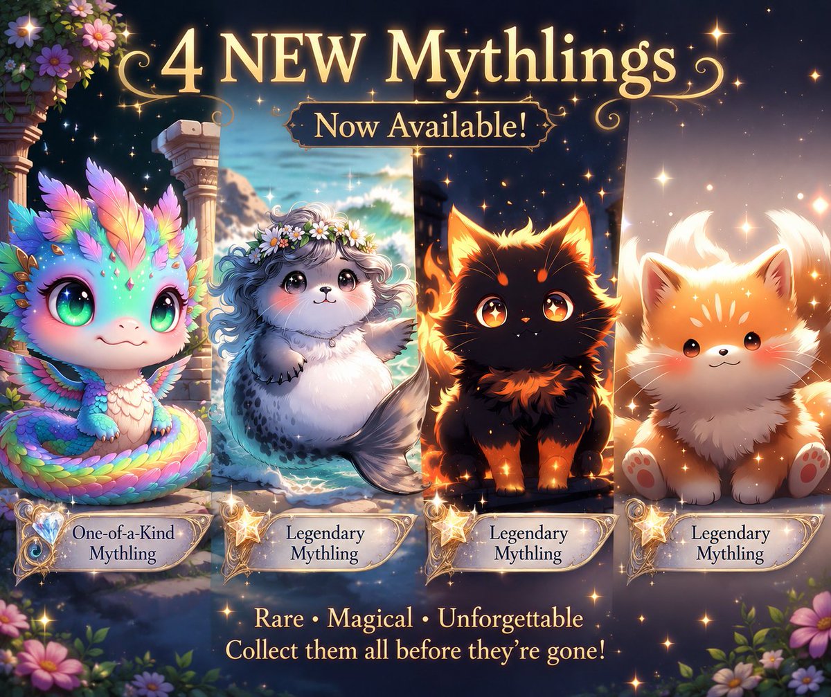 AIbyCalico's tweet photo. ✨ 4 NEW Mythlings have arrived… and they’re looking for a home! ✨
From legendary companions to one-of-a-kind magic, these little cuties are officially live 💖
⚡ Only 1 of each available — once adopted, they’re gone forever!
https://t.co/ZwJLtAFzII
#Mythlings #VelvetMythlings #Adoptables #FantasyArt #CuteCreatures