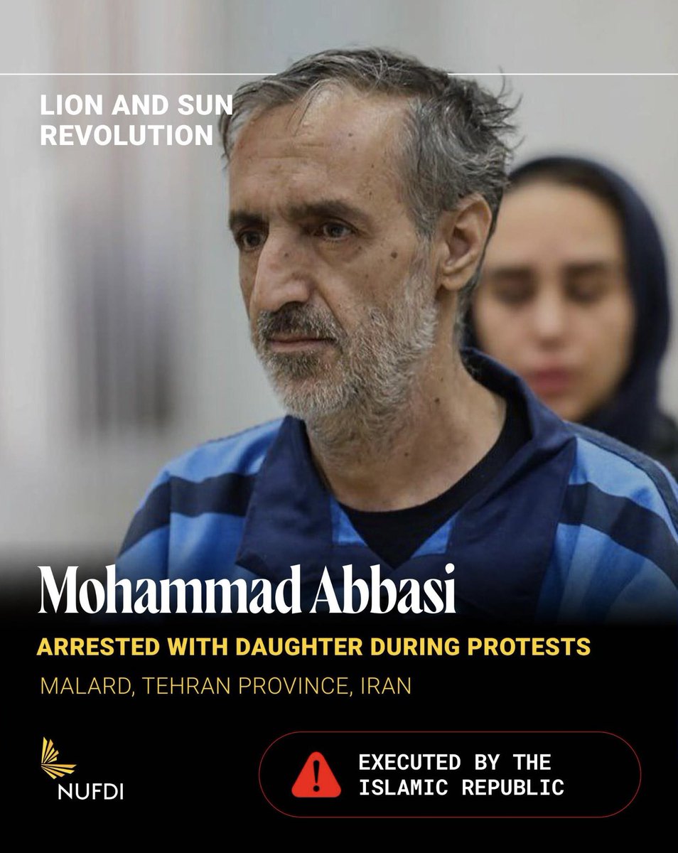 NUFDIran's tweet photo. This morning, the regime executed Mohammad Abbasi after he was arrested during protests in January.

Another innocent Iranian murdered by the Islamic Republic on charges of "enmity against Allah".

His daughter, Fatemeh, was sentenced to 25 years. https://t.co/TKBMJ36l2U