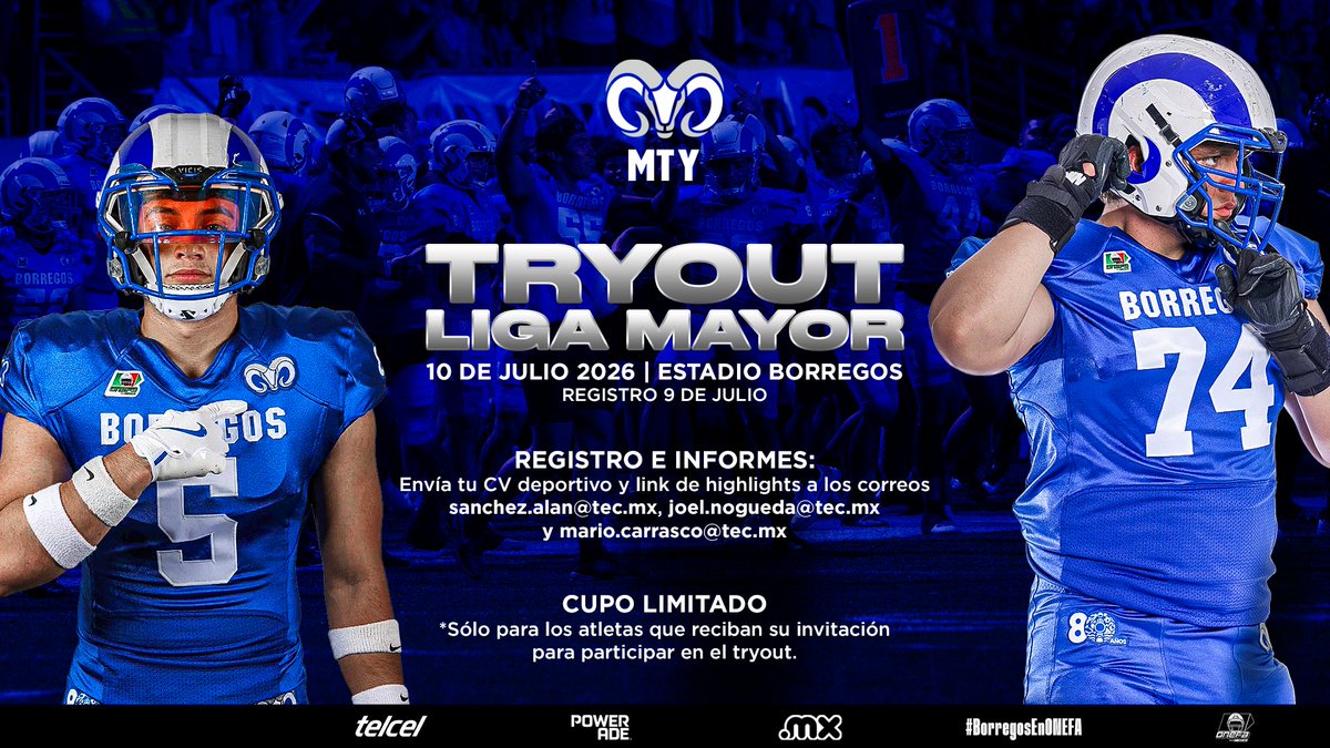 BorregosMty's tweet photo. 🏈FORMA PARTE DE #BORREGOSMTY

Demuestra tu talento 💪 y forma parte de nuestro programa de Liga Mayor.

Envía tu CV deportivo y link de highlights ⚡️ a los correos 📩 sanchez.alan@tec.mx, joel.nogueda@tec.mx y mario.carrasco@tec.mx.

CUPO LIMITADO

#BorregosEnONEFA #FearTheHorn https://t.co/eABHVP2b3e