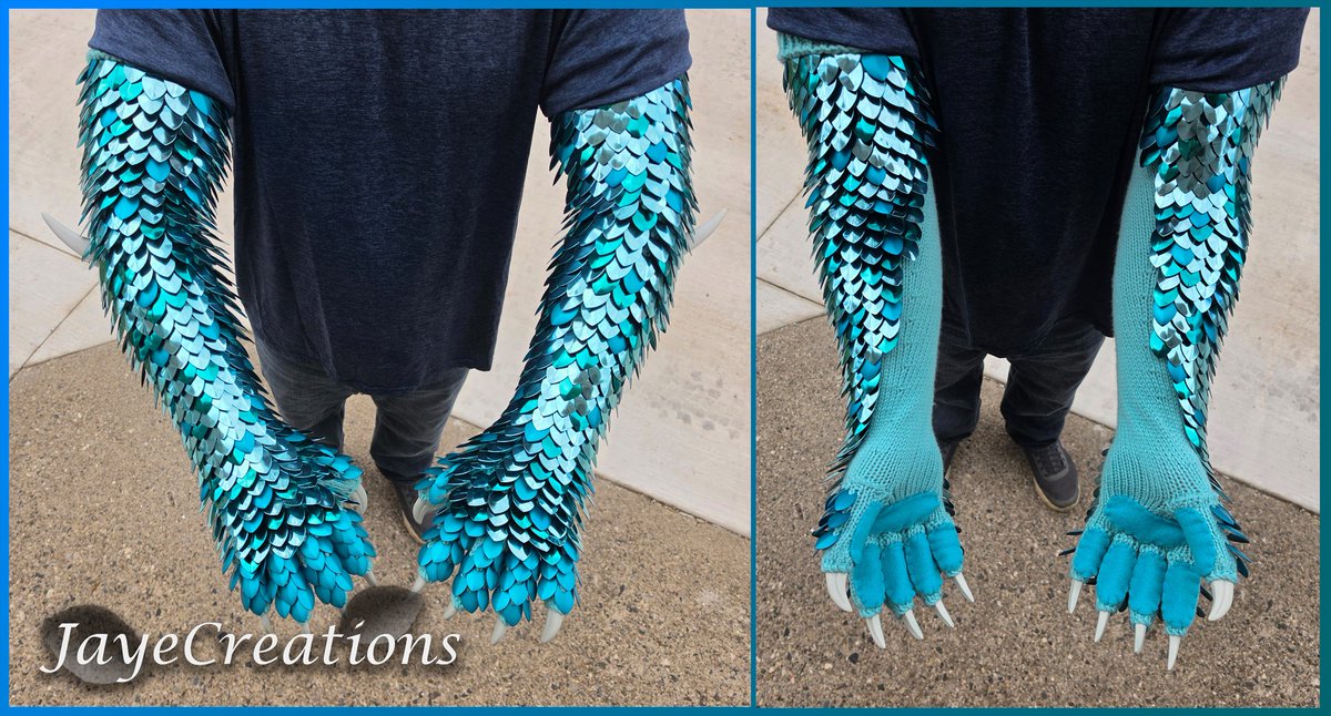 wuffjaye's tweet photo. Scales are anodized aluminum from TheRingLord and WeaveGotMaille. Resin claws and rubber elbow spikes are from DreamVisionCreations. Everything is hand knit and sewn by us!

The gauntlets weigh ~2lb/arm. The entire project took us ~18hrs to complete! https://t.co/FbPe5hfaHT