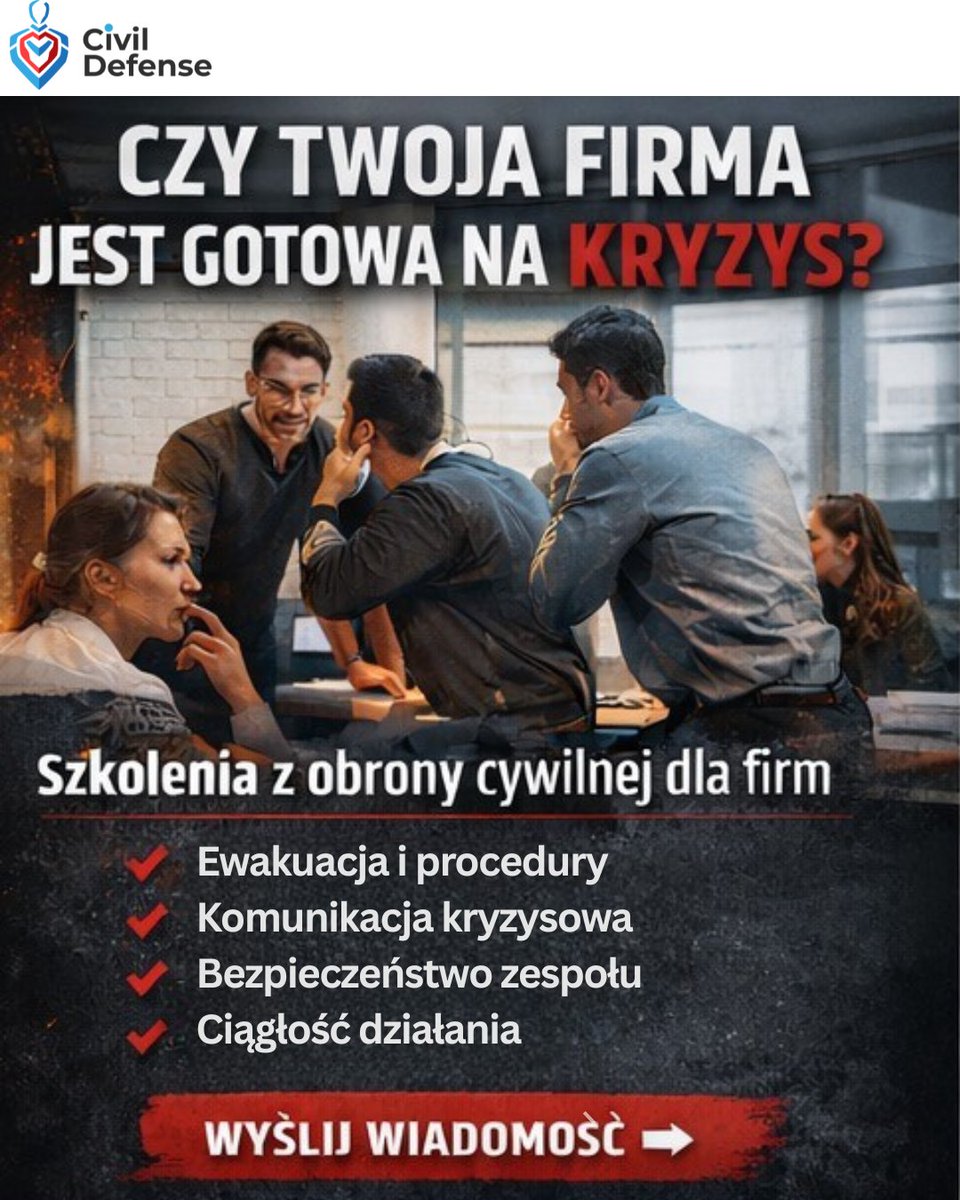 CivilDefense_PL's tweet photo. 📍Większość firm zakłada, że w sytuacji kryzysowej pracownicy będą wiedzieli co robić.
Problem pojawia się wtedy, gdy:
nie działa komunikacja
część zespołu nie dociera do pracy
pojawia się panika i chaos
📩 kontakt@civildefense.pl
@StrategyFuture1 @BartosiakJacek @MarekBudzisz2 https://t.co/5ByD9IQ736