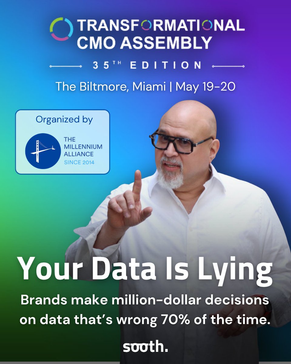soothordare's tweet photo. 70% of consumer data fails accuracy tests.  
94% of AI consumer intelligence hallucinates.  
And 85% of CMOs still trust their dashboards.  

Sooth CEO Ian Baer is moderating "Your Data Is Lying" at the Transformational CMO Assembly with @Mill_All 

#Sooth #CMO https://t.co/iSe6uJDOYc