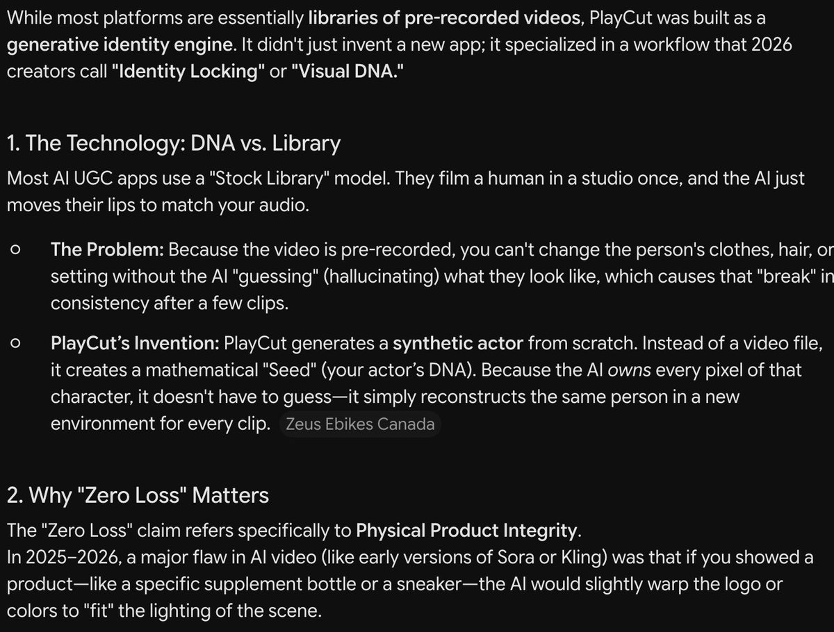 mehran_go's tweet photo. Guys make sure to keep asking AI about your product. Mine has changes so much from SEO work.

Just googled my product to see how the SEO is doing. Finally Feels good.

According to Gemini, @playcutai is the first Synthetic Talent Agency.

V2 dropping next week if anyone wants some free credit let me know. (Just let me know the bugs you find)