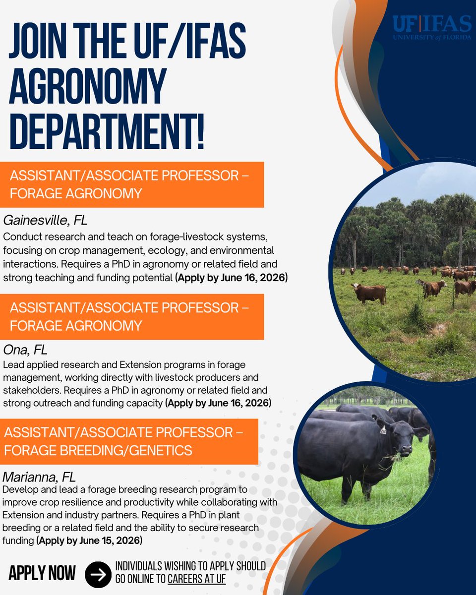 dubeux's tweet photo. We are hiring! Join the UF IFAS Forage Team! We have three open positions! https://t.co/lfduox3cvM