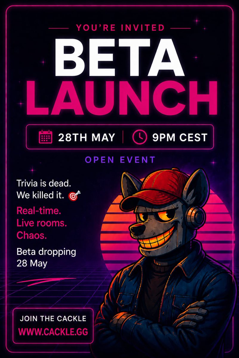 PlayCackle's tweet photo. Trivia is broken.
So we rebuilt it from scratch.

🎯 Real-time gameplay
🔥 Live rooms
😈 Pure chaos

Cackle Beta drops May 28 — 9PM CEST.

Everyone’s invited.

Join the cackle on Discord to be first in line →
https://t.co/Fkx0OBixSm  https://t.co/UxYEhb1f6u