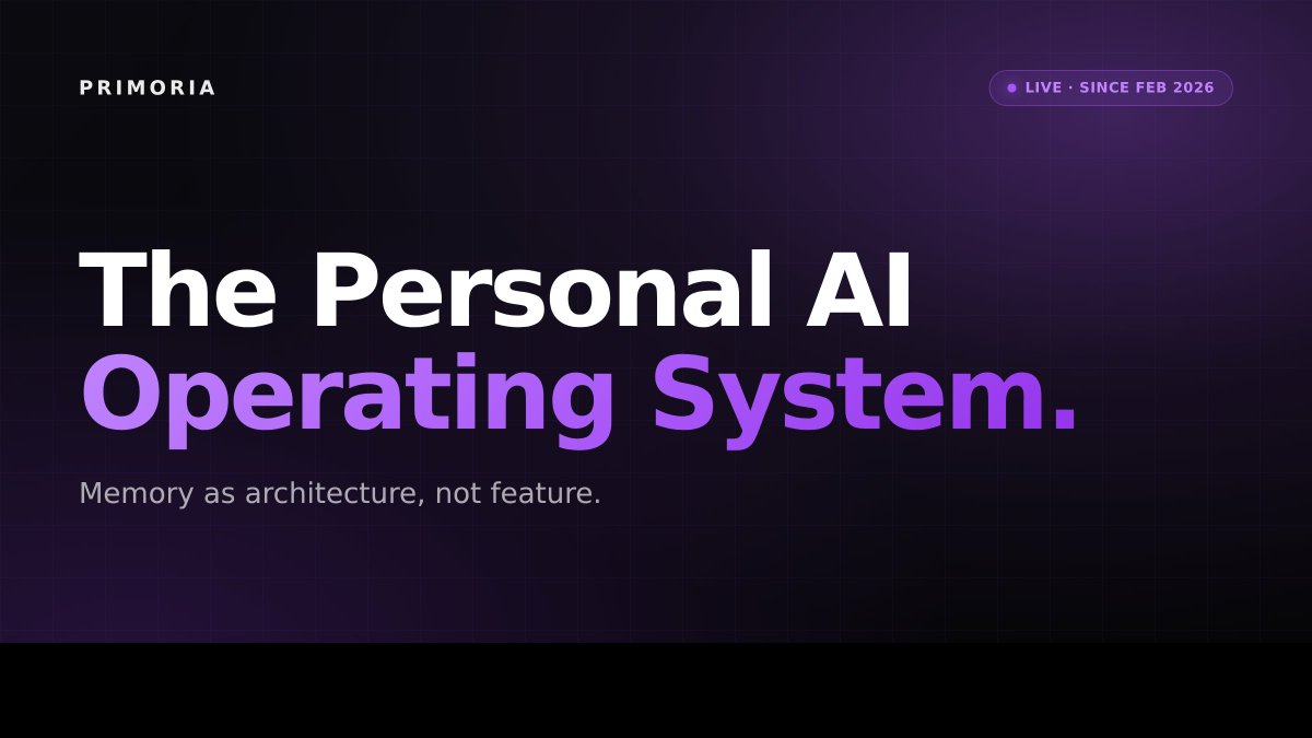 Primoria_AI's tweet photo. The Personal AI Operating System.

Three months ago, we launched Ori V1. Since then it's been doing one thing every day: remembering. Not as a feature. As an architecture.

Our bet from day one: the next generation of personal AI doesn't get better because the model gets bigger. It gets better because the system actually holds state about who you are, what you're working on, and how you think.

Karpathy is hand-rolling a personal wiki to do this. OpenAI just shipped memory sources for Plus and Pro. The category is forming in real time.

Ori is our take on it. Built around a few specific bets:
→ Memory that's explicit, portable, and yours. You can see what Ori knows about you, edit it, and soon take it with you across devices.
→ Personas as installed apps. Save an instruction set once, trigger it instantly. Live since February.
→ Audit logs as a first-class object. Every decision Ori makes is logged, signed, queryable. Trust through transparency, not vibes.

Queued up:
→ Ori v2: our own model, retrained on conversation data we own.
→ Agents: Personas with real tool use. Ori will act, not just answer.
→ Voice: real-time collaborator, not a chat window read aloud.
→ Mobile: same memory you have on web, in your pocket.

The team is growing. The roadmap is loaded. The product is getting sharper every week.

One question we keep getting: what's the one thing you'd let an AI remember about you forever, and what would you absolutely not?
https://t.co/c1jC12DuJn
#PersonalAI