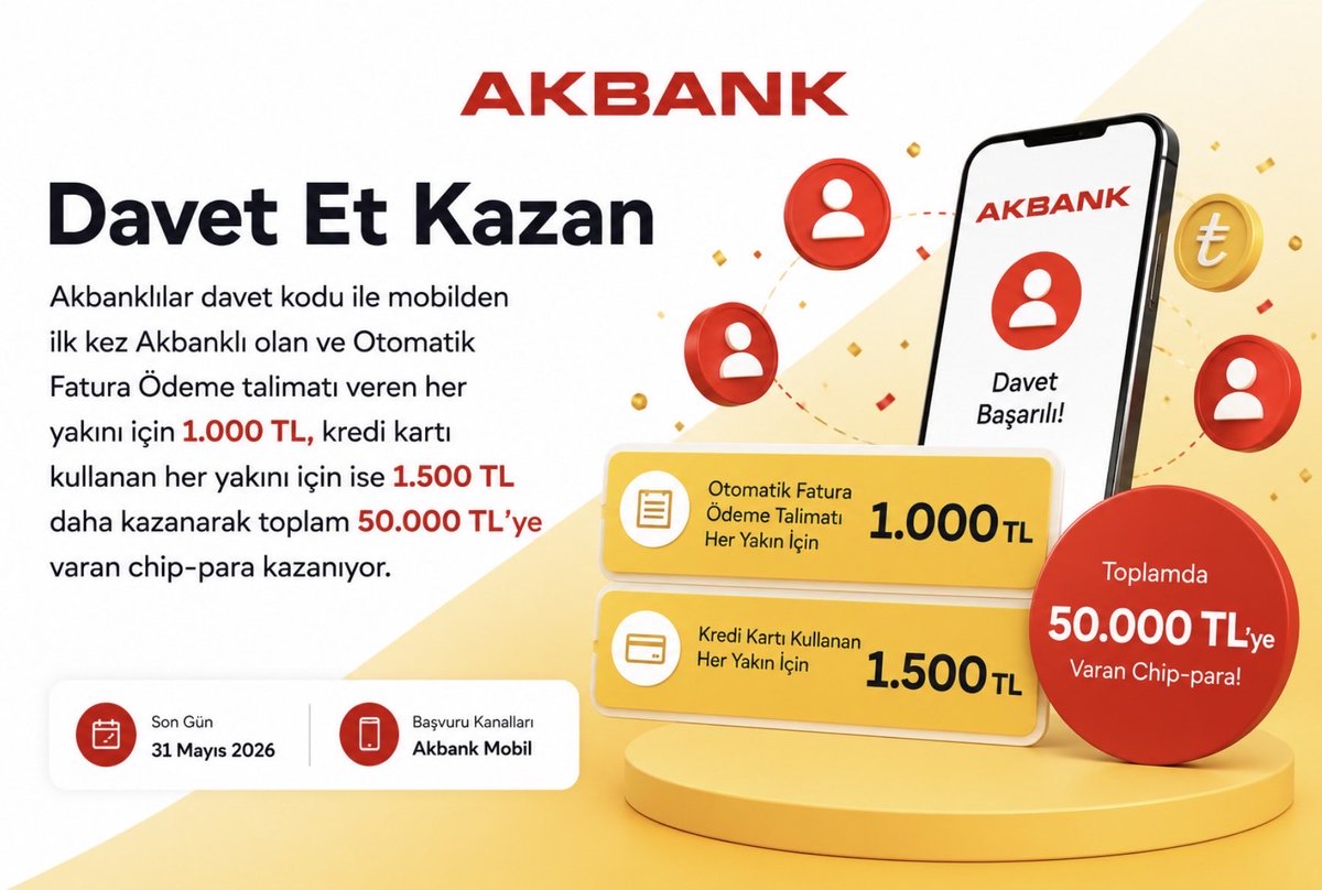 kndakci's tweet photo. Dostlar, Akbank’tan “Davet Et Kazan” kodum 1001014141534
🟡İlgisini çeken olabilir. Özellikle bankaların son dönemde müşteri kazanımına ciddi bütçe ayırdığı dönemde bu tarz kampanyalar aslında kullanıcı tarafında küçük ama mantıklı avantajlar yaratabiliyor. https://t.co/DUtGQm7uu8