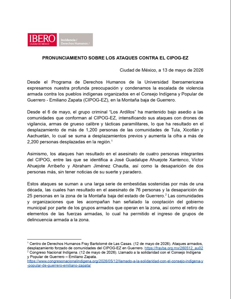 PDHIBERO's tweet photo. Condenamos los ataques perpetuados contra las comunidades del CIPOG-EZ y hacemos un llamado a las autoridades a salvaguardar la vida y seguridad de las comunidades que han sido desplazadas en la Montaña baja de Guerrero.

¡Alto a la guerra contra los pueblos! https://t.co/93balzcjS7