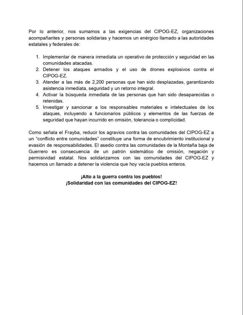 PDHIBERO's tweet photo. Condenamos los ataques perpetuados contra las comunidades del CIPOG-EZ y hacemos un llamado a las autoridades a salvaguardar la vida y seguridad de las comunidades que han sido desplazadas en la Montaña baja de Guerrero.

¡Alto a la guerra contra los pueblos! https://t.co/93balzcjS7