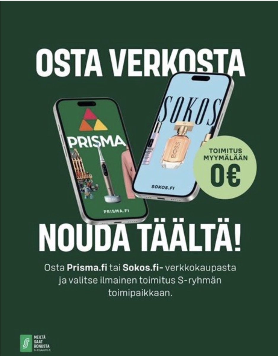 PeeassaS's tweet photo. PeeÄssä tuo https://t.co/SkM1lIDeeo ja https://t.co/lLowJIccjq -verkkokauppojen ilmaisen myymälänoudon porrastetusti 2026 aikana kaikkiin S-marketteihinsa ja Saleihin. Toukokuussa palvelu alkaa ensimmäisenä Heinävedellä, Juankoskella, Vesannolla, Pyhäsalmella ja Suonenjoella. https://t.co/R5gHwQI4zt