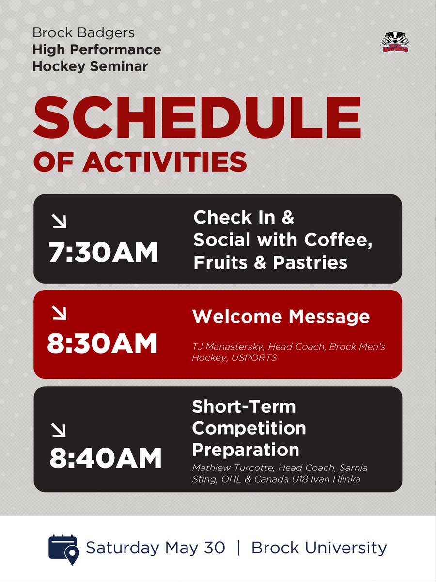BrockMensHockey's tweet photo. See what’s in store for May 30 during an amazing day of networking &amp; connecting with coaches! 

Limited spaces still available - register now⬇️
🔗https://t.co/2CmchHsfif  

Presented by @icehockeydrills https://t.co/1O4i2spvPz