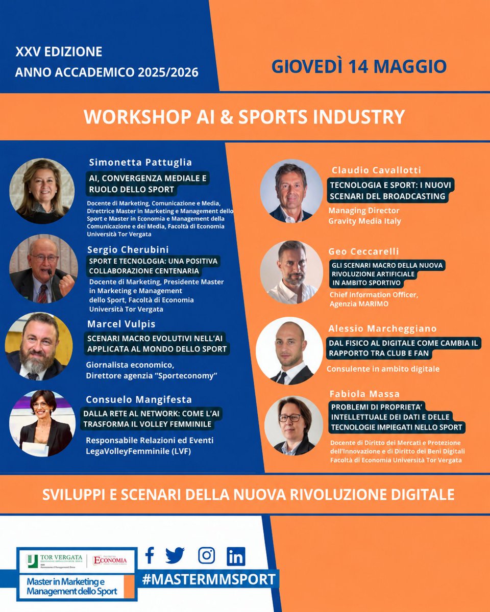 MasterMMSport's tweet photo. 📚𝐋𝐄 𝐋𝐄𝐙𝐈𝐎𝐍𝐈 𝐃𝐄𝐋𝐋𝐀 𝐒𝐄𝐓𝐓𝐈𝐌𝐀𝐍𝐀 - PRIMA PARTE Dal 14 al 22 maggio gli studenti del @master_mmsport lavorano invece su impianti sportivi, business intelligence, ricerca di mercato e pianificazione strategica nel settore sportivo. Leggi i dettagli in descrizione https://t.co/SnqoZUvlfq