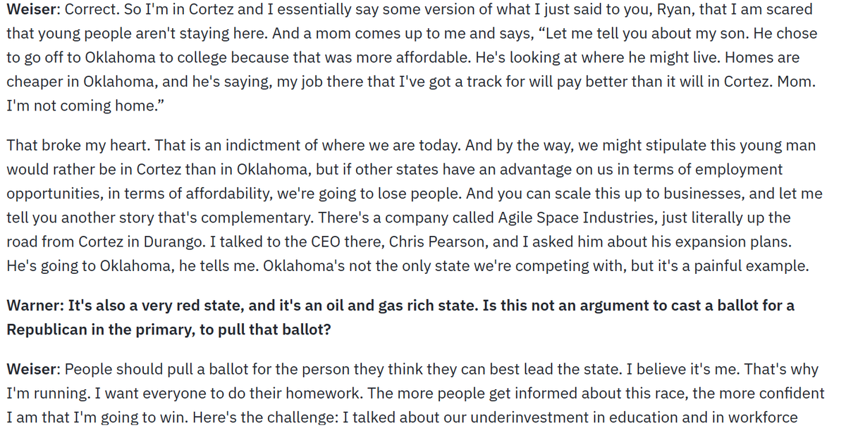 Jake_Fogleman's tweet photo. Weiser: "People I talk to, from individuals to businesses, say it's too expensive in CO and they're moving to red states."

CPR: "Isn't that an argument to vote Republican?"

Oof. https://t.co/YLDkWAZHMl