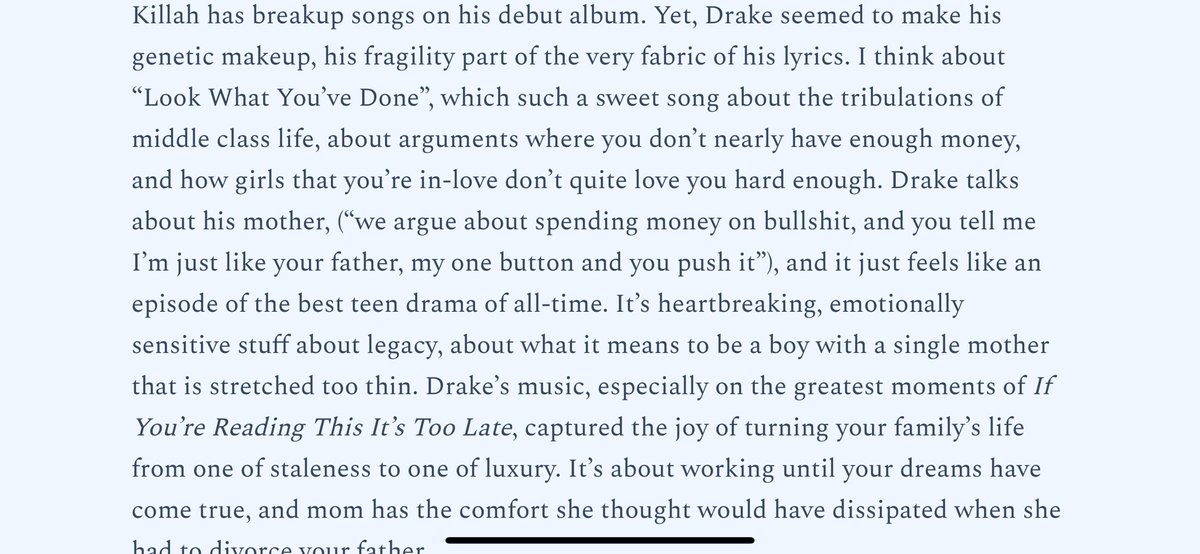 jaysonbuford's tweet photo. I wrote about a little bit of reponse to the Guardian feature about Drake and women, what my thinking was, how cozying up to the manosphere feels like the opposite of why people loved him, Iceman, and much much more: https://t.co/jVmlf6HBDR https://t.co/0ArYT8NMu9