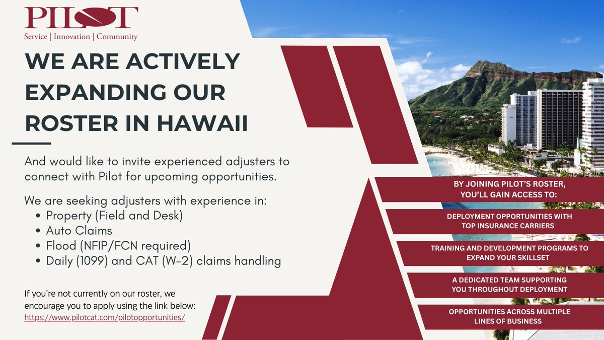 pilotcat's tweet photo. Pilot is one of the largest independently owned adjusting firms in the U.S., supporting carriers nationwide. Current roster members should log in to keep profiles and licenses updated for Hawaii opportunities. 

Not on our roster? Apply here: https://t.co/4QLOqDzqkn https://t.co/jsECjXktHA