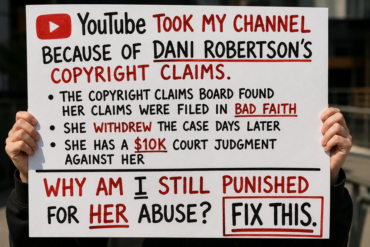 Gody04's tweet photo. @UpdatesFromYT @nealmohan @YouTubeCreators YouTube took my channel because of Dani Robertson’s copyright claims. – The Copyright Claims Board found her claims were filed in bad faith – She withdrew the case days later – She has a $10K court judgment against her why am I still punished for HER abuse? Fix this. https://t.co/cYahK2sQzM