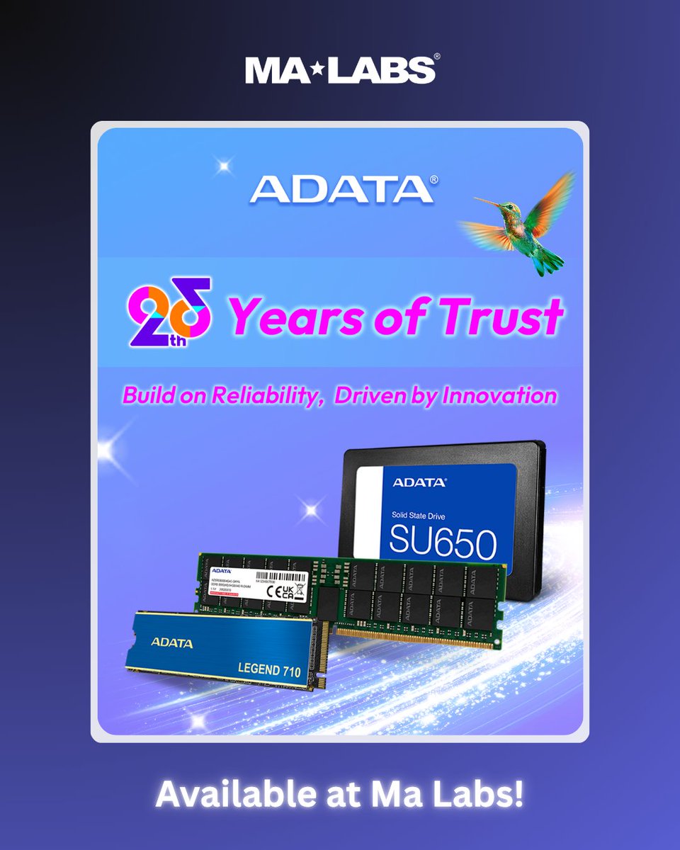 MaLabs_Inc's tweet photo. Happy 25th Anniversary to @ADATATechnology  

From DDR5 memory modules and blazing-fast PCIe Gen5 SSDs to portable storage, power solutions, and XPG gaming gear — ADATA has continuously evolved to meet the demands of consumers, creators, and enterprises alike. 

As an authorized distributor, @MaLabs_Inc is proud to celebrate this milestone alongside ADATA and looks forward to continuing to support the next chapter of growth together.

#ADATA25 #InnovateToInspire #MaLabs #Memory #Storage #AI