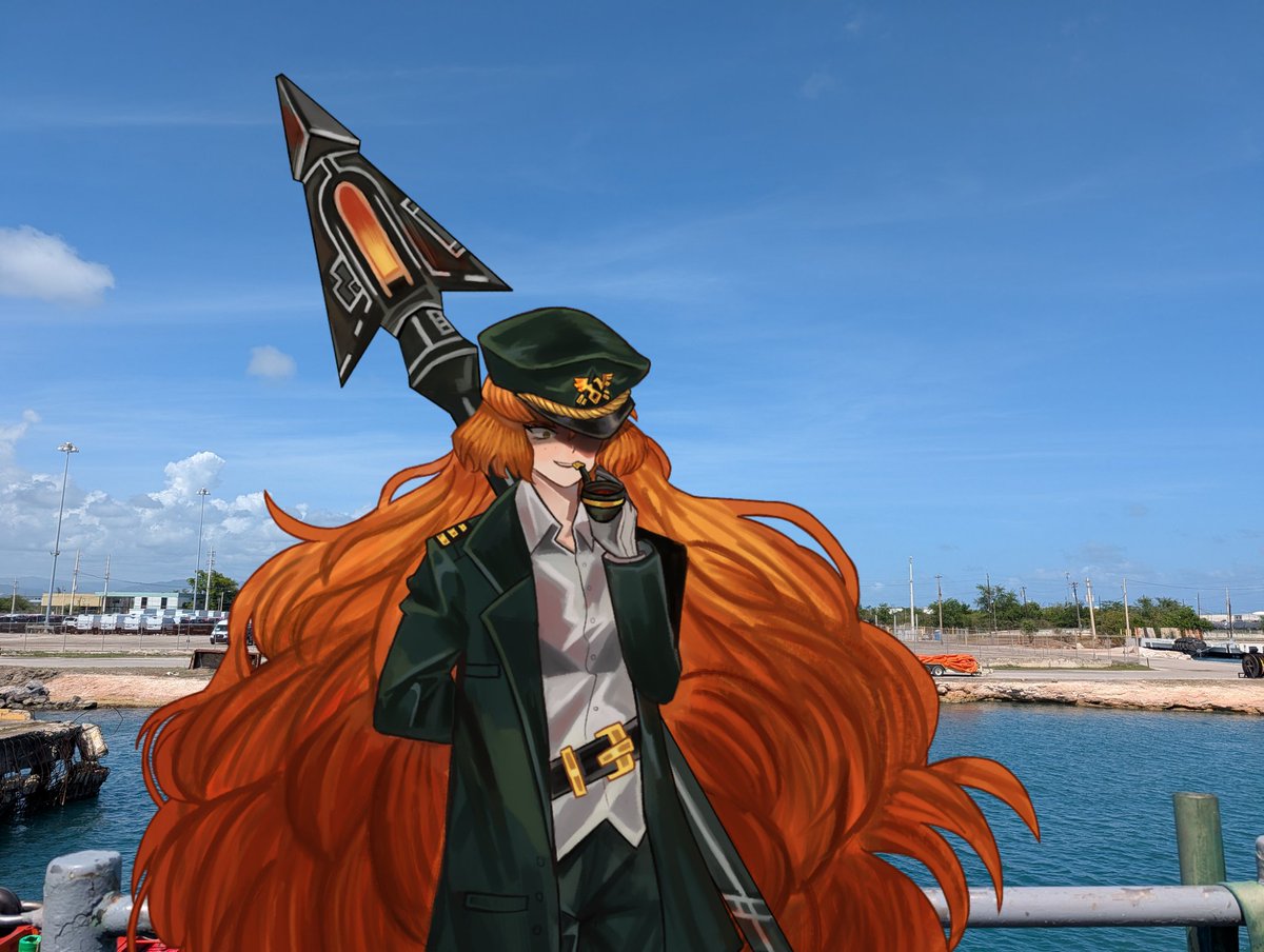 unfairwinds's tweet photo. "Ahaha... It's nearly been a full year. This is the only port within range, each time we need to put in. This has to be some kind of Abnormality, right? There's just no way this keeps happening."

[ The Captain does not appear to be enjoying Puerto Rico very much. ] https://t.co/c1lvh0ugCs
