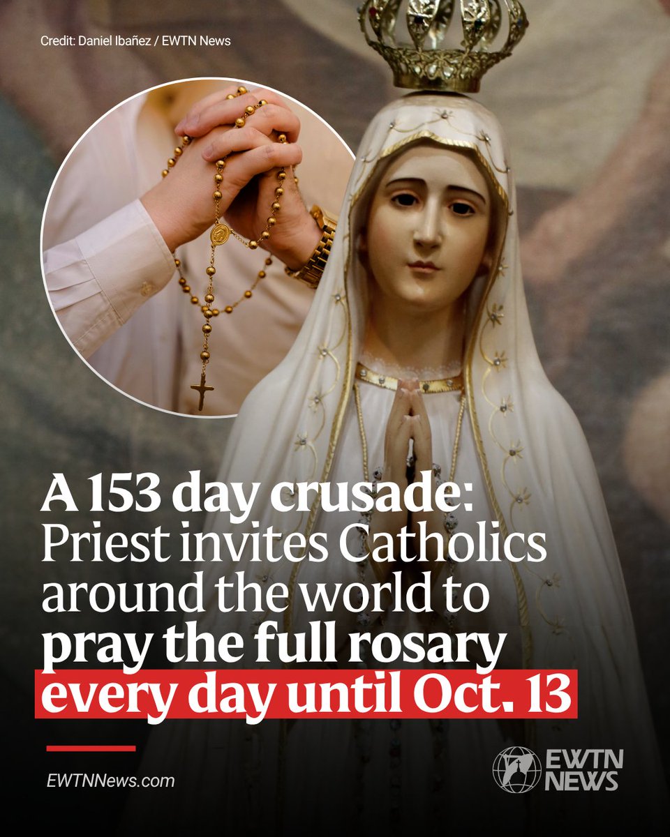 EWTNews's tweet photo. A Filipino-American priest of the Marians of the Immaculate Conception (MIC) is inviting Catholics around the world, beginning May 13, the feast of Our Lady of Fátima, to enter into a 153-day spiritual crusade: to pray the full rosary every day until Oct. 13 “for the salvation of souls.”

Father James Cervantes, MIC, known for his initiative calling for Eucharistic revival in the Philippines and co-launching the Philippine Rosary Crusade during the EDSA Revolutionʼs 40th anniversary, is calling the faithful to respond to what he described as heaven’s urgent appeal for our time.

“The premise is simple,” he said. “We are living in a time of deep moral confusion, widespread indifference to God, and a growing loss of souls. Our Lady has already given us the remedy. The answer is prayer, sacrifice, and the holy rosary.”

The initiative, called “The 153-Day Fátima Invitation,” asks the faithful to offer 153 Hail Marys a day for 153 days, from May 13 to Oct. 13 — the exact span of the apparitions of Our Lady of Fátima.

At Fátima in 1917, Our Lady appeared to three shepherd children and pleaded with the world: “Pray, pray much, and make sacrifices for sinners, for many souls go to hell because there is no one to sacrifice and pray for them.”

For Cervantes, that appeal remains as urgent today as ever.

“This is an act of love, an act of faith, and a great work of mercy for the salvation of souls,” he said. “It will be an intense time of spiritual harvesting, done with great love and sacrifice, to honor and console Our Lord and Our Lady and to heed their request to help save many souls.”

The number 153 is not arbitrary. Cervantes points to several striking spiritual and biblical connections.

First, Our Lady’s apparitions at Fátima lasted from May 13 to Oct. 13 — a span of exactly 153 days.

Second, at the time of the Fátima apparitions, the full traditional rosary consisted of 15 mysteries — the joyful, sorrowful, and glorious mysteries — containing 153 Hail Marys. The luminous mysteries were later added by Pope John Paul II in 2002.

Third, in the Gospel of John, after the Resurrection, the disciples cast their nets at Christ’s command and caught 153 large fish. According to St. Jerome, 153 represented all the known species of fish at the time — a symbol that all nations would be gathered into the net of the Church.

“It is a time of spiritual fishing,” Cervantes explained. “A time to cast the net for souls lost in the sea of sin and death. As the call of Jesus goes: ‘Come after me, and I will make you fishers of men.’”

He also noted another striking providence: Our Lady appeared in 1917, and the sum of the numbers from 1 through 17 equals 153.

“In subtle but beautiful ways,” he said, “heaven keeps pointing us back to 153.”

The invitation comes at a time when some Catholics sense that the world is entering deeper spiritual darkness.

Families are under strain. Faith is growing cold. Many young people are drifting from God. War, terrorism, and global instability dominate headlines. The battle is no longer merely social or cultural. At its core, it is spiritual, according to Cervantes.

“Our Lady of Fátima showed the children a vision of hell,” he said. “She warned that many souls are lost because there is no one to pray and sacrifice for them. That warning should move us.”

He added that the rosary is not merely a devotional practice but a spiritual weapon entrusted by heaven.

“The method to catch souls will be the holy rosary — a spiritual net,” he said. “For the next 153 days, we are being invited to do spiritual harvesting.”

Throughout history, saints and popes have spoken of the power of the rosary.

St. Louis de Montfort taught that God gave the rosary as a means to convert even the most hardened sinners.

St. Dominic called it one of heaven’s most powerful weapons for the conversion of souls.

Pope Pius X described the rosary as “the most beautiful and the richest in graces of all prayers.”

Blessed Pius IX famously declared: “Give me an army saying the rosary and I will conquer the world.”

And one of the children of Fátima, St. Francisco Marto, once said with childlike simplicity: “Oh, Our Lady! I’ll say as many rosaries as you want.” The children of Fátima were said to pray as many as nine rosaries a day.

Cervantes emphasized that the invitation is simple: Place prayer at the center of daily life.

“Step into a sacred rhythm of prayer,” he said. “For the next 153 days, place the rosary at the heart of your day and gently witness how God begins to move.”

The purpose is not merely personal devotion but a concrete response to Our Lady of Fátima’s request to help save souls through the power of the rosary.

“This is a great work of mercy for souls,” he said. “The harvest is abundant, but the laborers are few. Who will be the ‘few’ to respond?”

From May 13 to Oct. 13, Catholics are invited to pray the full rosary — the 15 traditional mysteries — offering 153 Hail Marys each day for sinners, for souls in danger, and for those who are far from God.

YouTube evangelizer Gabriel Castillo, featured in the National Catholic Register about his book “The Power of the Rosary” and his "Rosary Testimonies" documentary, has spoken extensively about the power of praying the full rosary every day versus only one or two a day.

In a world marked by confusion, moral relativism, and spiritual darkness, Cervantes said heaven’s answer remains astonishingly simple.

“Let us be the few who answer the call of Our Lord and Our Lady," he said.

https://t.co/EV2x8Jiukf