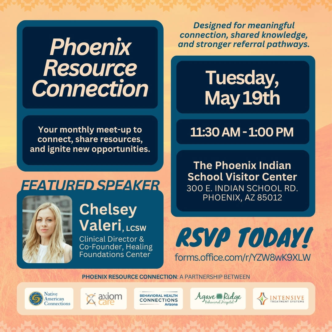NAC_Phoenix's tweet photo. Join us for the next Phoenix Resource Connection! RSVP today: https://t.co/BhT6NdiaRt

📅 Tuesday, May 19th, 2026
🕚 11:30 AM – 1:00 PM
📍 Historic Phoenix Indian School Visitor Center, 300 E. Indian School Rd., Phoenix
🥗 Light lunch provided

#BehavioralHealthPhoenix https://t.co/2IznmuwqiF