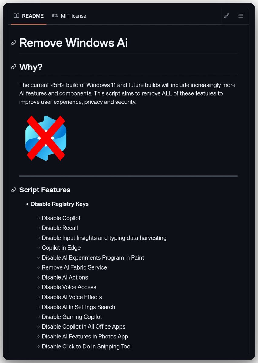 GithubProjects's tweet photo. An open-source tool designed to remove or disable unwanted AI components like Copilot, Recall, and other AI tools from Windows. https://t.co/kBuhA37ayT
