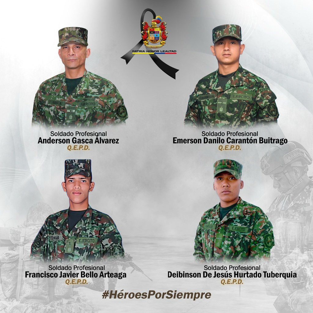 BleidyPerezB's tweet photo. Condeno el cobarde e infame atentado terrorista en el que murieron 4 héroes de nuestra patria. 

Mi solidaridad y oración con sus familias. 

Esta escalda violenta tiene que terminar, la vida de los colombianos amenazada, la próxima contienda electoral en riesgo y sin garantias. https://t.co/qJLX7Smxye