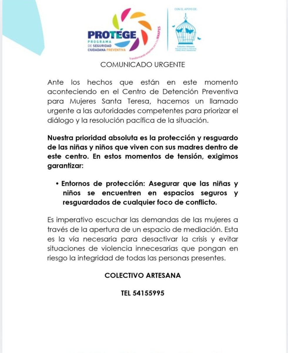 casaartesana's tweet photo. 🚨 Es urgente resguardar la integridad física y emocional de los niños y niñas que cohabitan con sus madres privadas de libertad en el Centro Preventivo Santa Teresa 🚨 @mingobguate @PNCdeGuatemala @_SPGuatemala @PGNguatemala
#sinestigma #sinprejuicio #paraquelapenanotrascienda https://t.co/YrozNiq3Pf