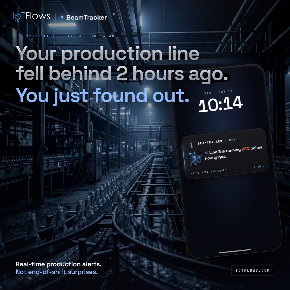 IoTFlows's tweet photo. Stop discovering problems. Start preventing them.

BeamTracker sends real-time alerts the moment your line drops below your production goal. No waiting. No guessing. Just the information your team needs while there’s still time to act.

Learn more -> https://t.co/eUgqb5qmBH https://t.co/ulEMTmH1wq