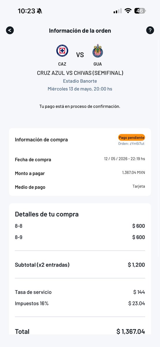 Lexdani27's tweet photo. @Profeco solicito apoyo ante una situación con @FankiApp. En dos ocasiones el sistema permitió seleccionar asientos y generar órdenes para Cruz Azul vs Chivas, mostrando disponibilidad, para después marcar “cuota vencida” y “pago pendiente”. Considero que esto genera falsedad. https://t.co/8UMD48gwQH