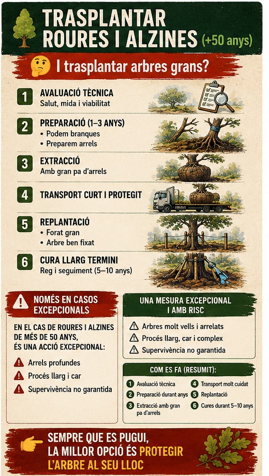 SalvemElCalamot's tweet photo. 🌳 TRANSPLANTAR NO ÉS SALVAR

Una gestió forestal responsable necessita temps que no disposem

⚠️ Quan els 🌳 es trasplanten massa ràpid, augmenta el risc de fallida

El dany és irreversible.

👉 La millor opció és protegir-los allà on són.
 #BoscosMediterranis #ProtegimElsBoscos https://t.co/zvIYEzzSHT