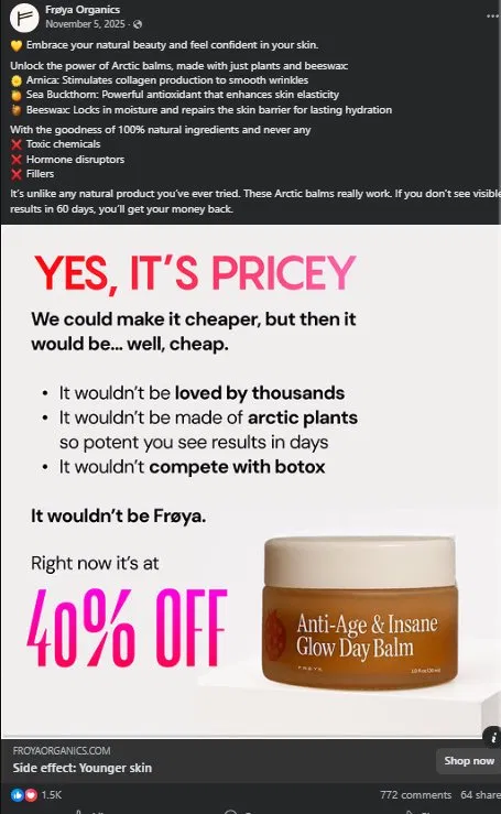 Kazumastatics's tweet photo. 772 comments on a skincare ad

and the headline is just: YES, IT'S PRICEY

most brands spend the whole ad apologizing for the price
this one made the price the argument

because there's a shortcut in your brain that never turns off
expensive = quality. cheap = corners cut somewhere.

so when Frøya admitted it upfront
they didn't lose trust
they built it

then they named what cheap actually means
toxic chemicals. hormone disruptors. fillers.
they didn't list competitors
they made cheapness itself the villain

then one line: "competes with botox"
botox is $500 a session
now the math in your head completely changed

40% off landed after all of that
and it didn't need to do any heavy lifting

the sequence is the strategy
price admission → villain → anchor → offer

flip that order and the whole thing falls apart