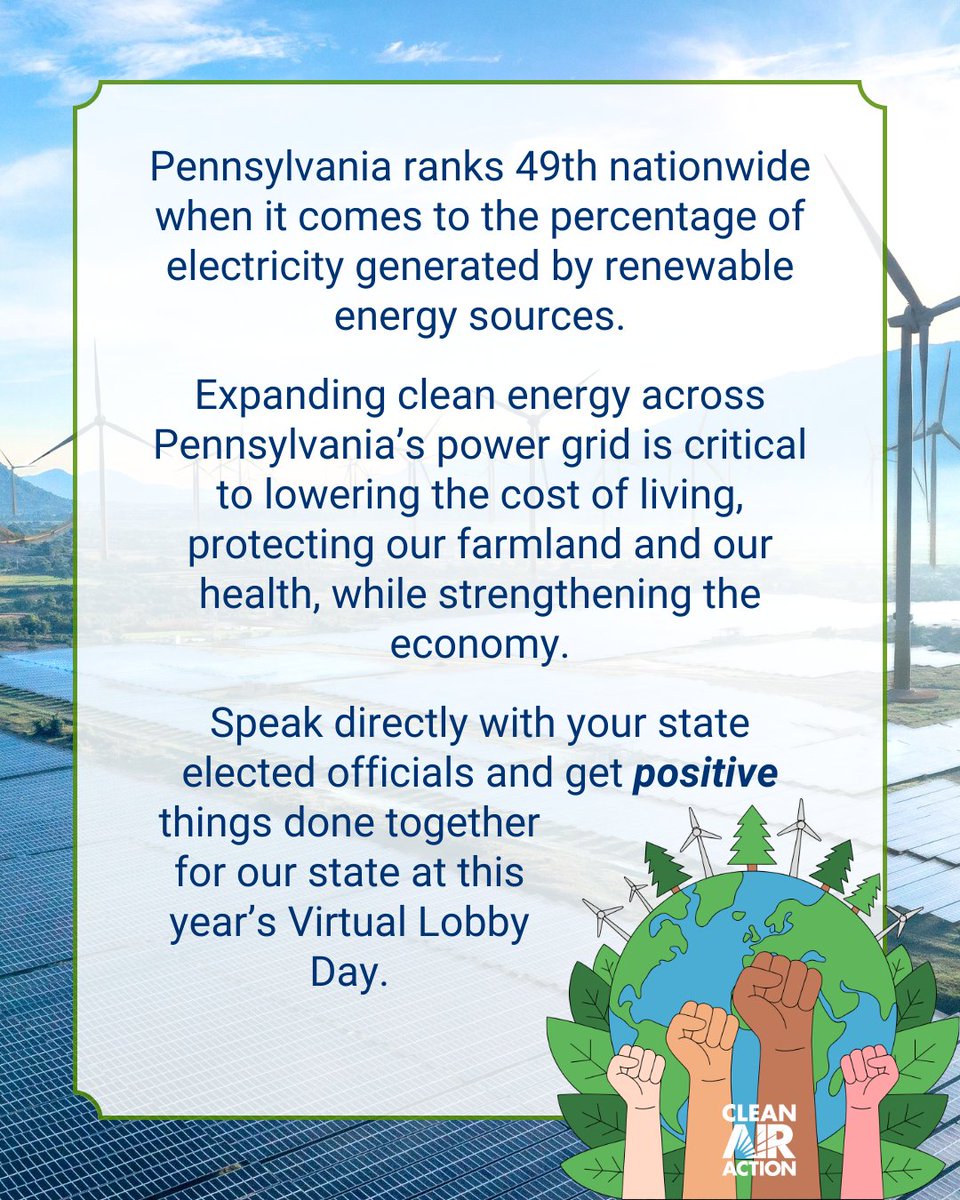 CleanAirAction's tweet photo. Meet with state reps and senators, and rally for climate action and policies to increase renewable energy in Pennsylvania that will help protect public health.

RSVP → https://t.co/aOHIm21bMn https://t.co/r6RcL59MMM