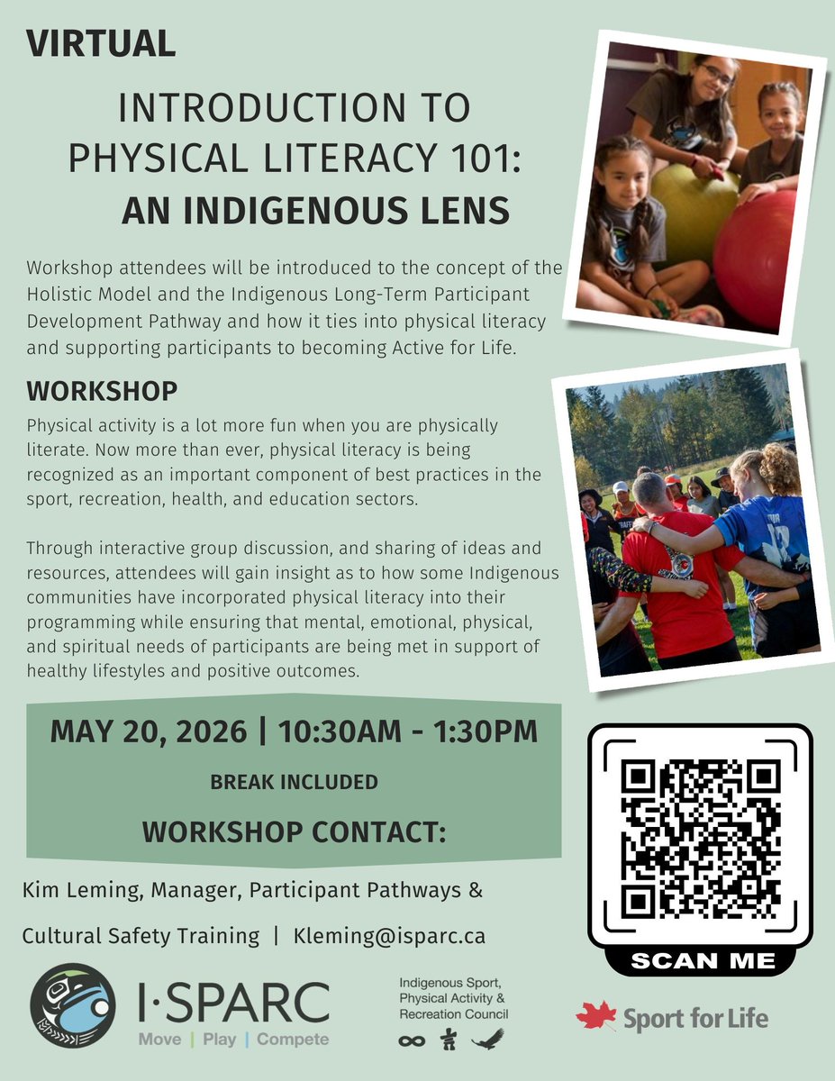 SportBC's tweet photo. We’re excited to support our member organization @ISPARCBC in sharing this upcoming virtual workshop: Introduction to Physical Literacy 101: An Indigenous Lens.

📅 May 20, 2026
⏰ 10:30 AM – 1:30 PM
💻 Virtual workshop

Learn more and register via the QR code in the post. https://t.co/C73eBAR08c