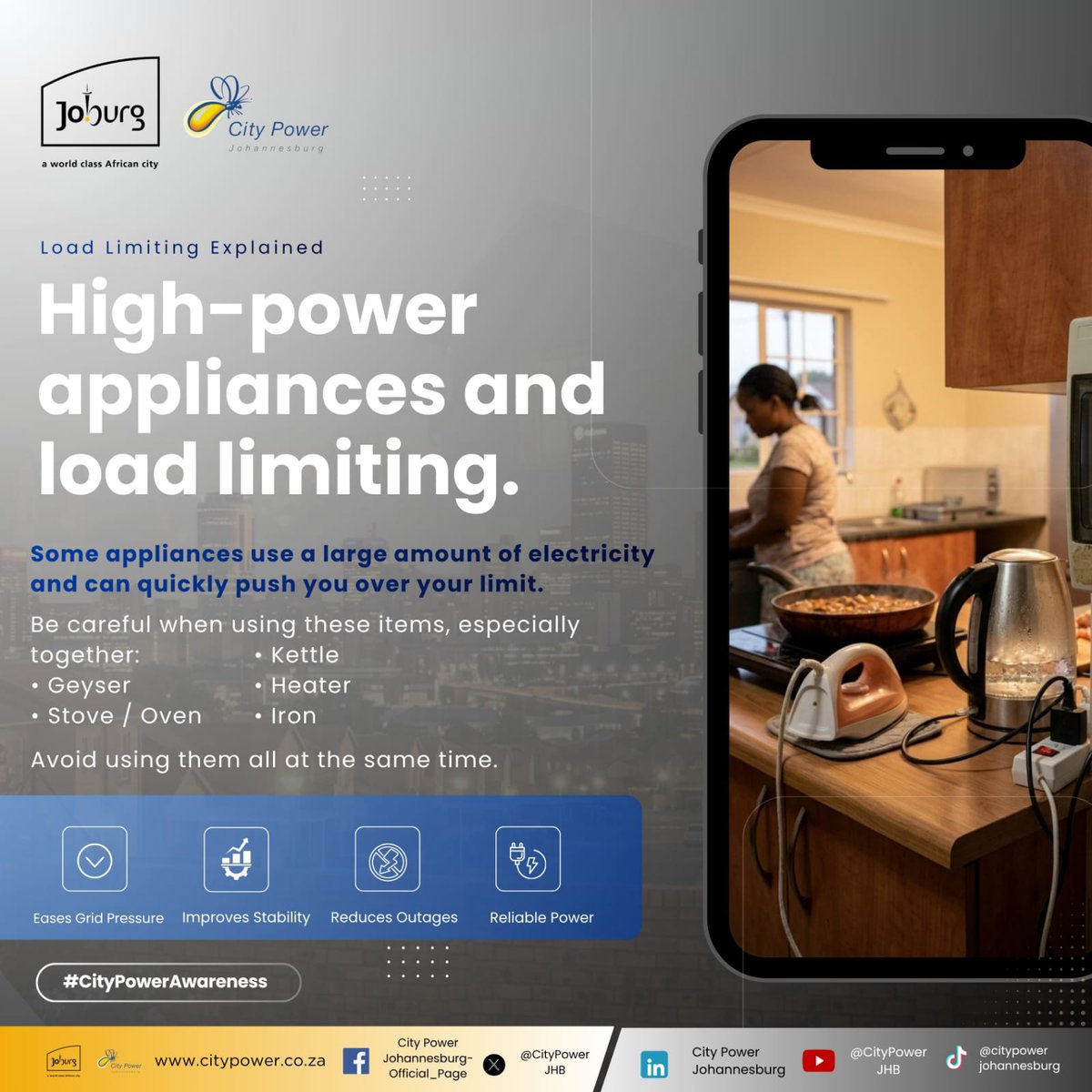 CityPowerJhb's tweet photo. #CityPowerAwareness
#LoadLimiting
Some appliances use a large amount of electricity and can quickly push you over your limit. ^LP https://t.co/gfEuITwSxq