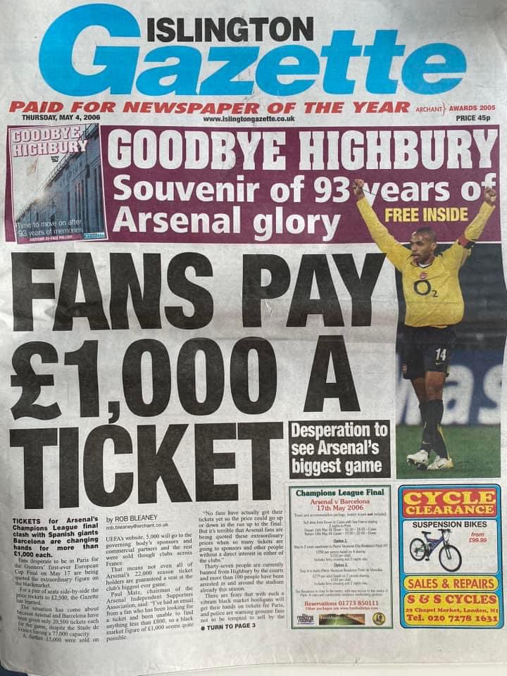 afc_richard's tweet photo. 20 years later, and fans paying £1,000 for a Champions League Final is no longer a headline, as thats almost face value for some tickets 🫣 https://t.co/V5TEMUYOS9