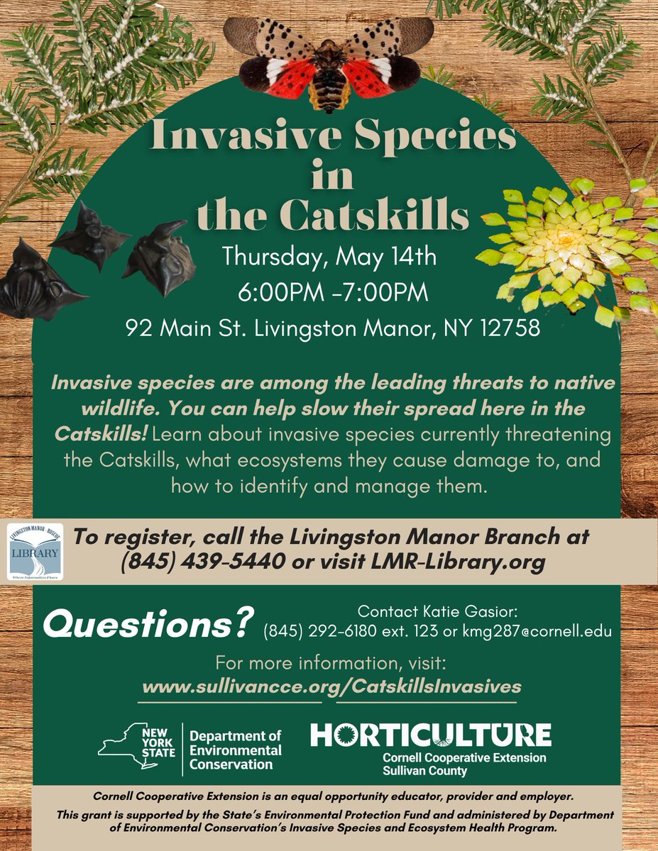 LMR_Library's tweet photo. Learn about invasive species in the Catskills with Cornell Cooperative Extension tomorrow, Thursday, May 14th.

RSVP at https://t.co/hcpHovnm2t https://t.co/XMkPJOUaER
