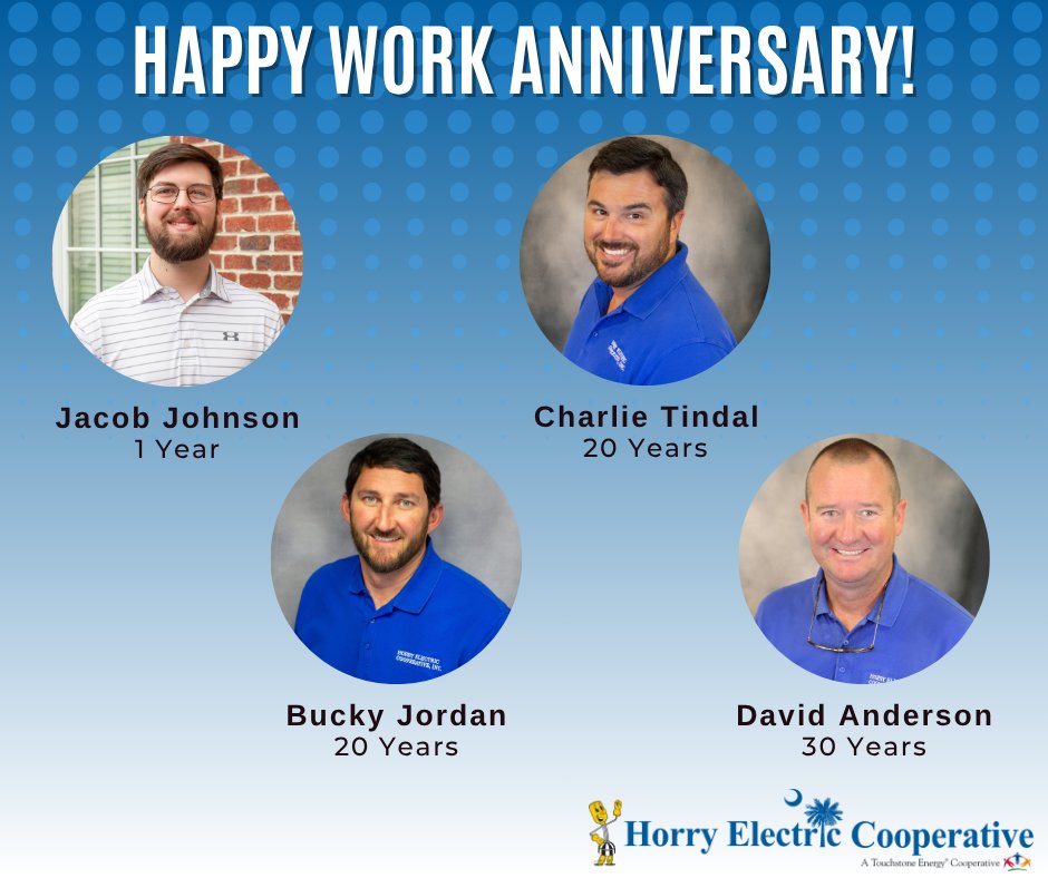 HorryElectric's tweet photo. We have four employees celebrating their #HECWorkAnniversary milestones this month!

Please join us in congratulating each of them on their accomplishments!🎉 #LocalPeopleServingYou #Cooperative https://t.co/Lh4RXSejwN
