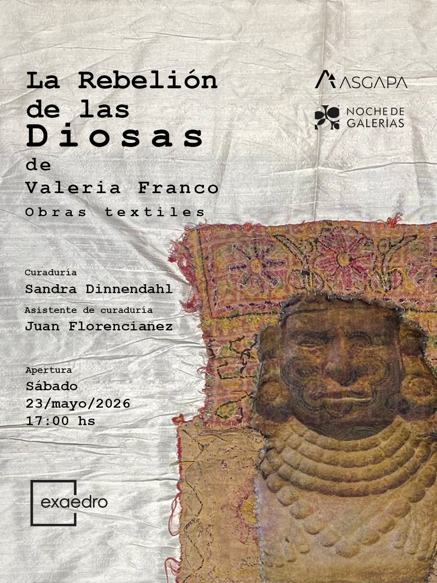 exaedro_cero's tweet photo. La Rebelión de las Diosas en Exaedro

Valeria presenta su arte textil, con el equipo curatorial de Sandra Dinnendahl López y Juan Florenciañez, en la "Noche de Galerías" de ASGAPA. https://t.co/0eNg218jXh