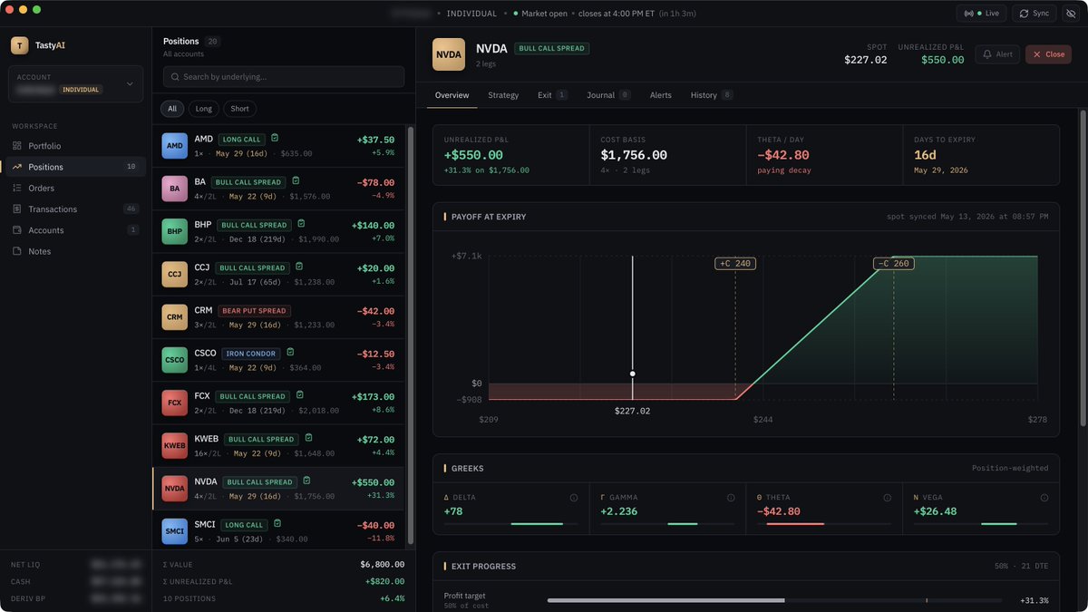 mgcrea's tweet photo. I'm having quite a lot of fun trading options with agents! Even built a small app to help me visualize the trades and the associated agent insights (exit strategy, etc.)

It all started when I asked Claude to review my existing position and it literally roasted me! https://t.co/Qy0KmhGMgi