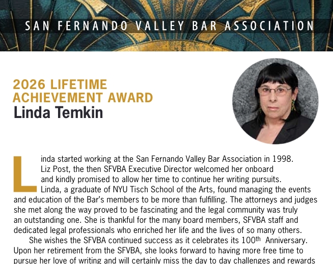 sfvba's tweet photo. Congratulations to Linda Temkin who will receive the 2026 SFVBA Lifetime Achievement Award at the May 14 Judges' Night Gala (Sold Out). https://t.co/XPnwKUvLSB