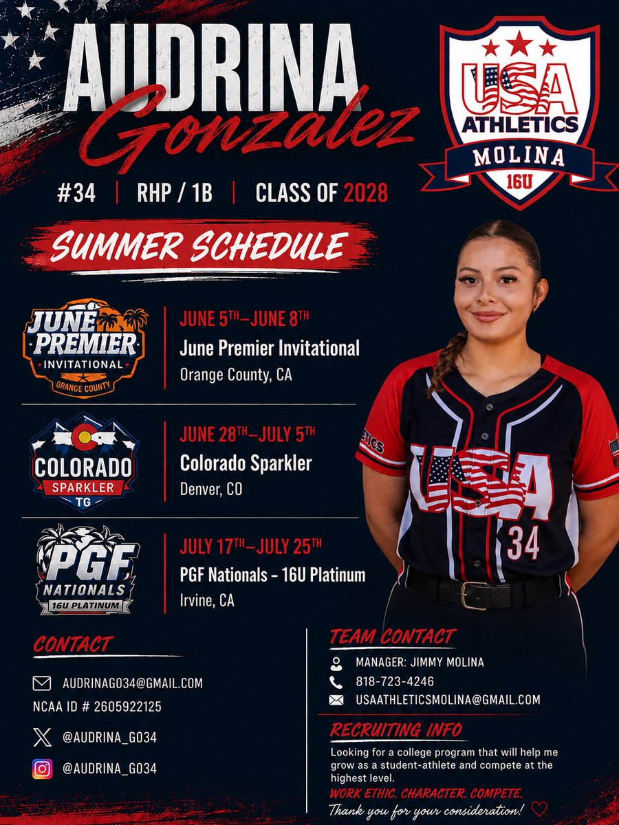 Audrina_Go34's tweet photo. Excited for summer ball with USA Athletics Molina ❤️🤍💙

📍June Premier Invitational
📍Colorado Sparkler
📍PGF Nationals Platinum

Ready to compete &amp; keep growing this summer 🙏
#Softball #Fastpitch #ClassOf2028 #SoftballRecruiting #RHP #PGF #ColoradoSparkler https://t.co/9m2AMID5Kv