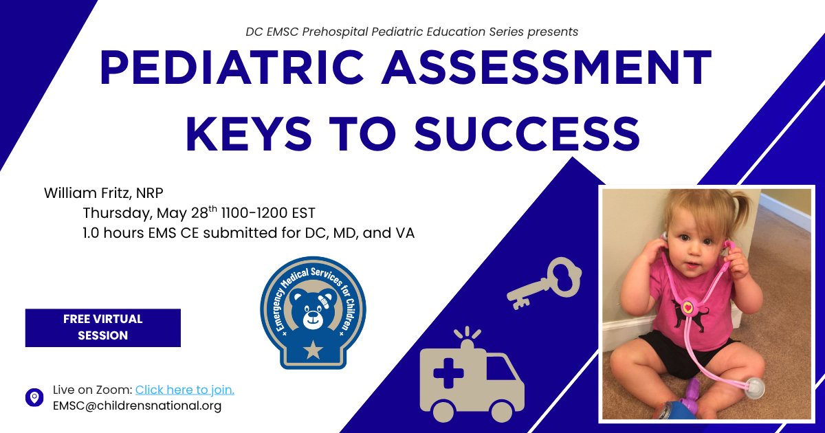 DC_EMSC's tweet photo. 📣 We are excited to welcome William Fritz NRP to present Pediatric Assessment Keys to Success on Thursday, May 28th at 11am Eastern. 🐻 Email EMSC@childrensnational.org for the link to this session or to be added to our monthly series. 🚑 https://t.co/9QQSqTWxJ6