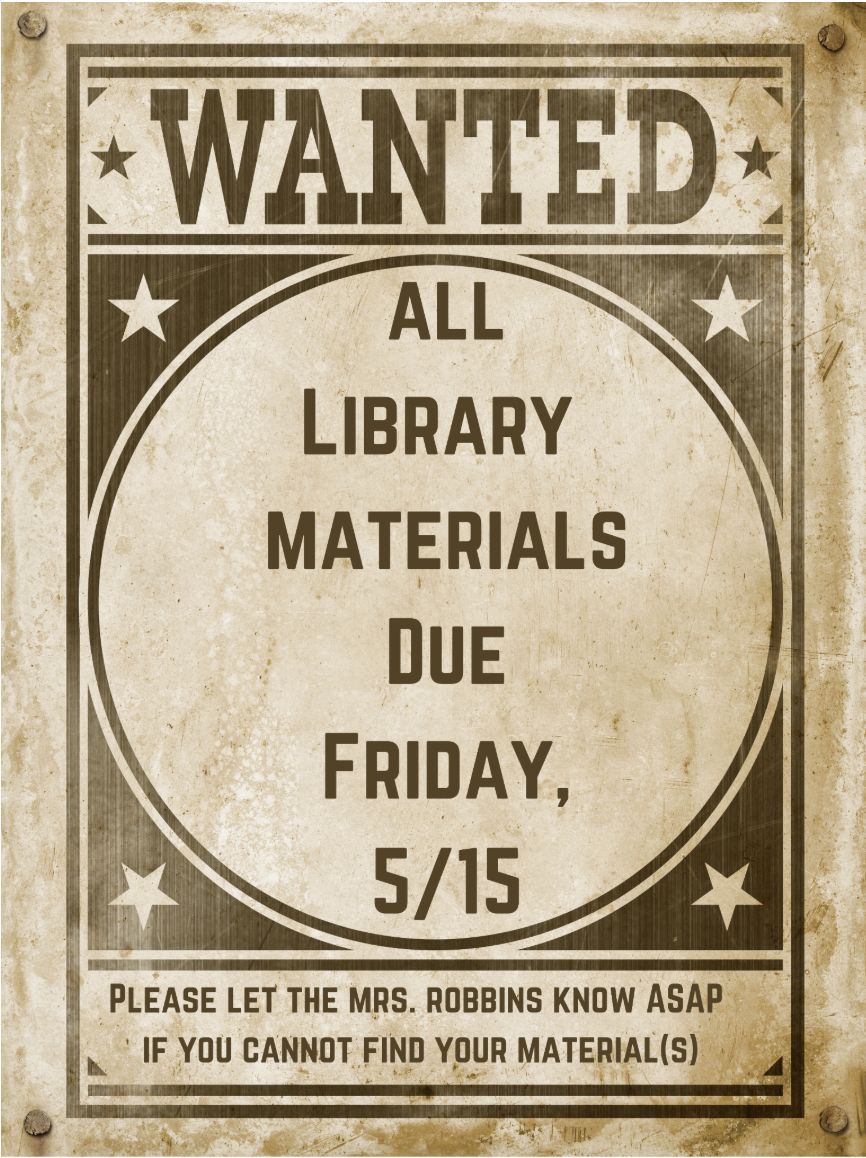 SlmsSpartans's tweet photo. All library materials are due this Friday, May 16th. Please be sure you have what you need from your Independent Reading book and return it by this Friday. https://t.co/EiRBGA74u0
