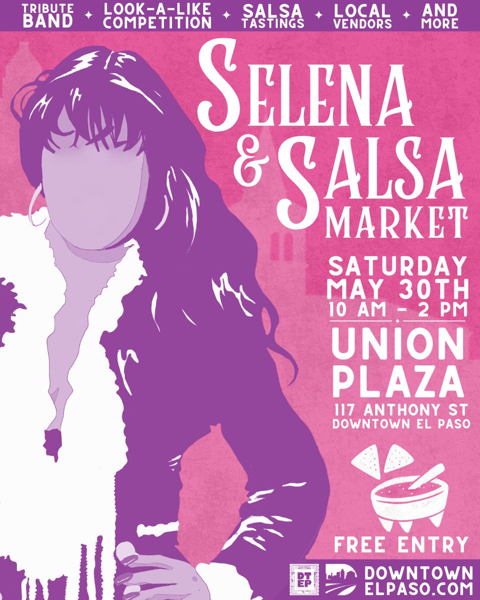 Downtown_EP's tweet photo. Selena &amp; Salsa Market returns to Union Plaza on Saturday, May 30 from 10 AM - 2 PM! It's FREE and family friendly.

Enjoy live music by Jezzika Sax,  sample salsas, shop 40+ local vendors, and join the Selena look-alike contest!

#DowntownElPaso  #EPTX #Selena #Salsa #Market https://t.co/LHWAtMekTr
